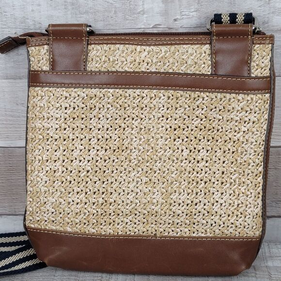 Crossbody Purse CHAPS Straw Vegan Faux Leather Cloth Strap Metal Logo Slim - Picture 3 of 16